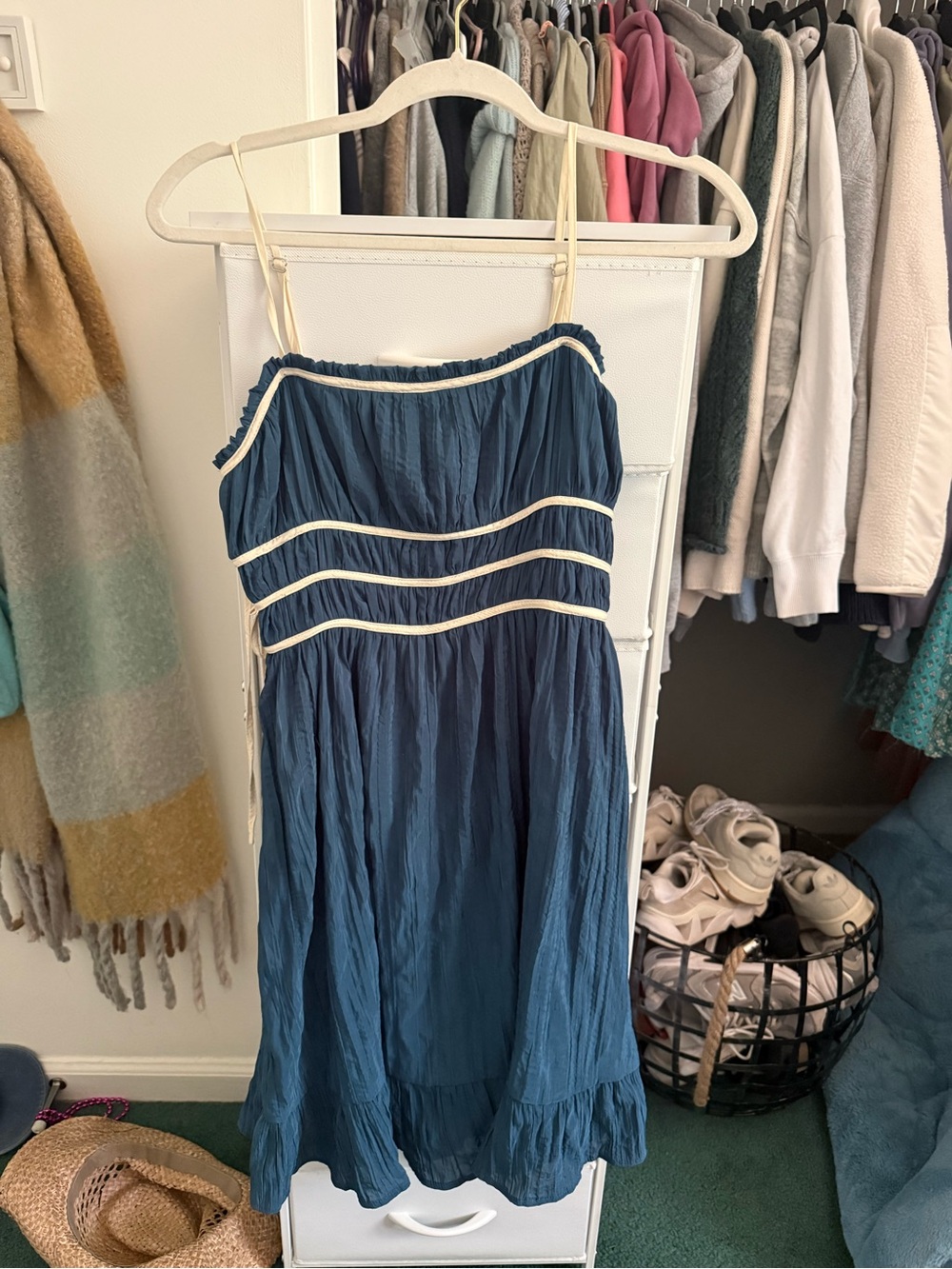 Navy Sleeveless Midi Dress with Cream Contrast Trim